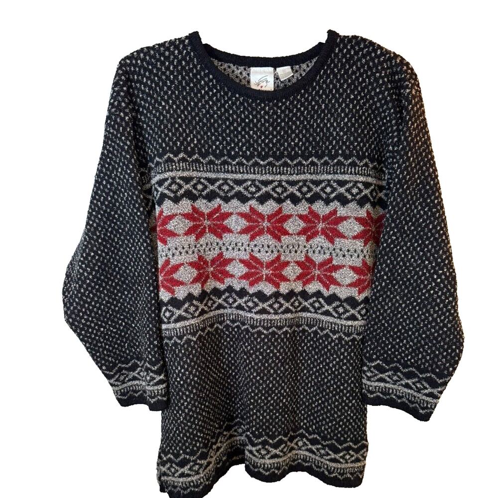 MJ Carroll Womens Vintage Fair Isle Snowflake Knit Sweater Black Red‎ Silver Med